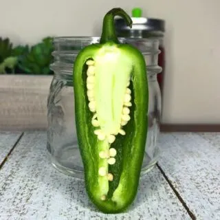 Cross section of a jalapeno pepper showing seeds and placenta.