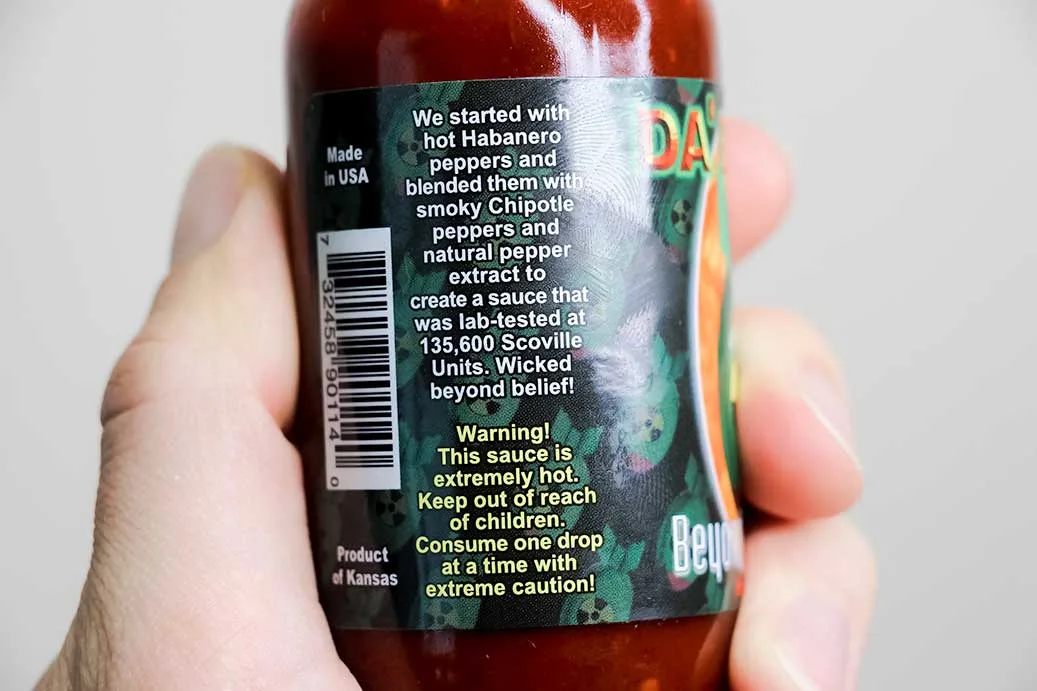 Da Bomb Beyond Insanity sauce bottle side text