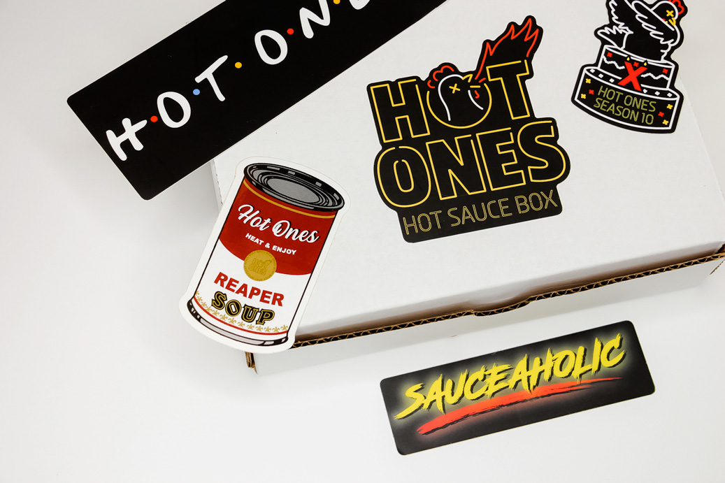 Hot Ones Hot Sauce Box with stickers