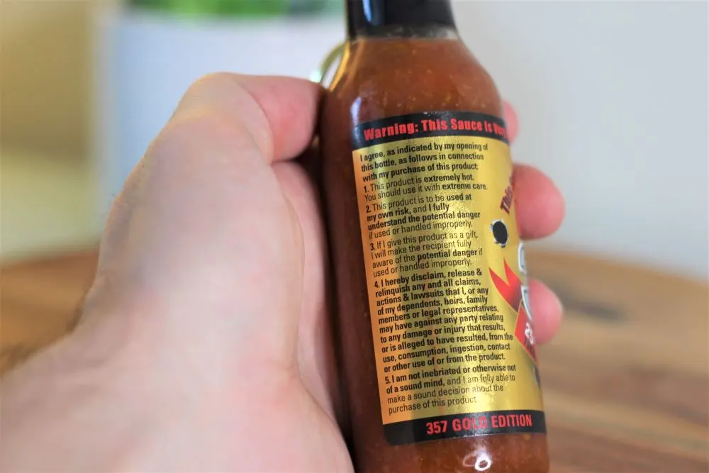 Mad Dog 357 Gold Hot Sauce Warning