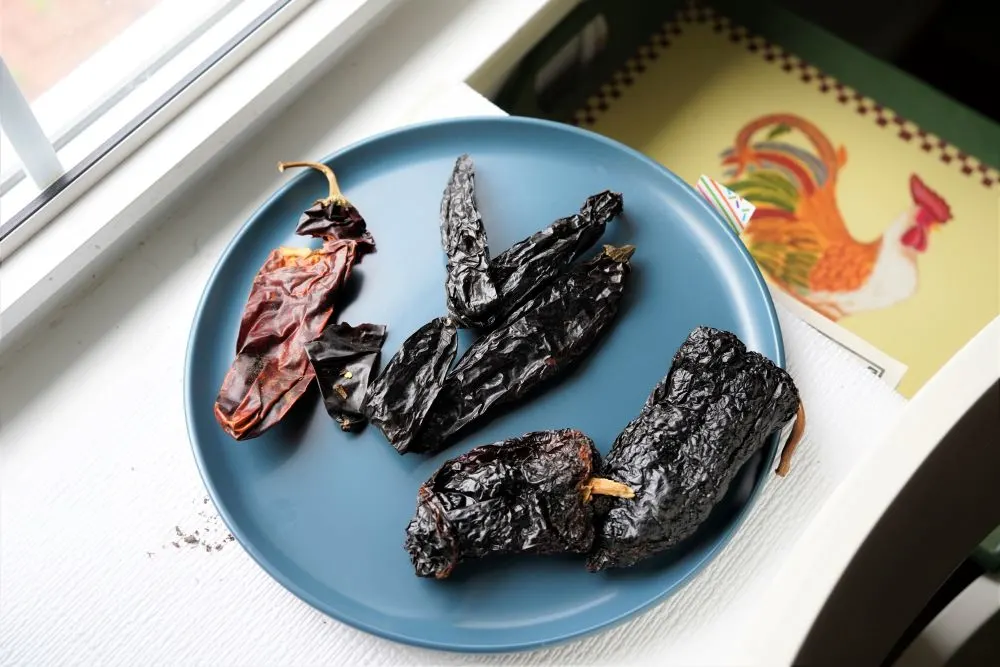 Mexican dried chile peppers: Ancho, New Mexico chile and pasilla