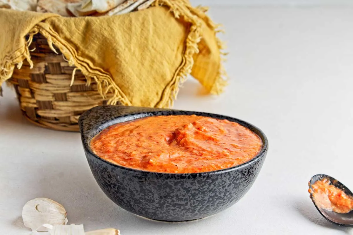 Roasted red pepper dip in bowl