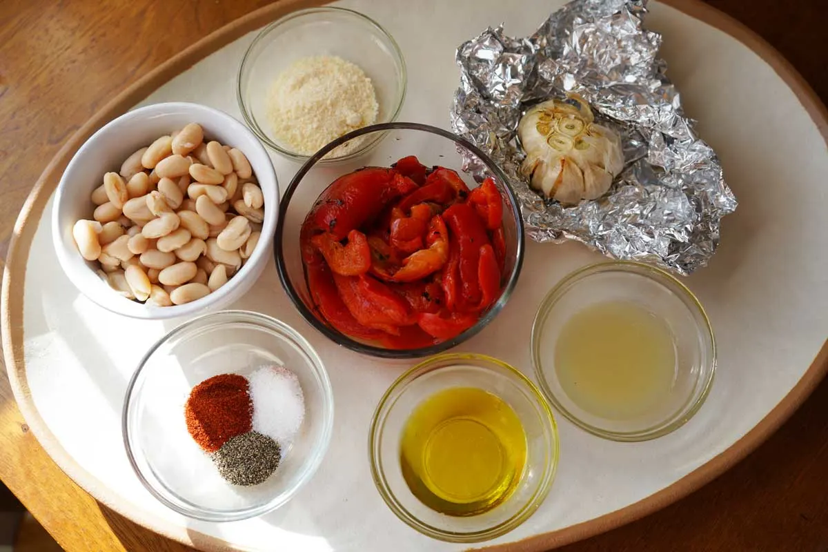 Ingredients for roasted red pepper dip.