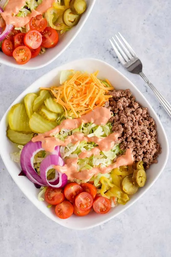 Healthy burger bowl with banana peppers