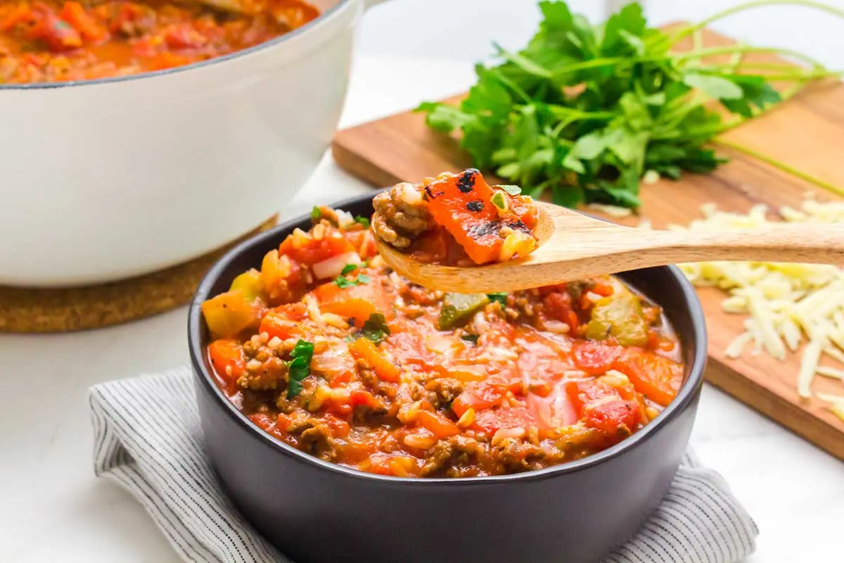 Close up of stuffed pepper soup recipe