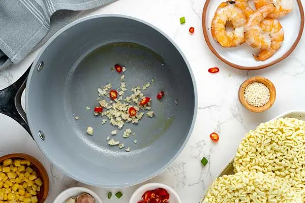 Spicy shrimp ramen noodles prep