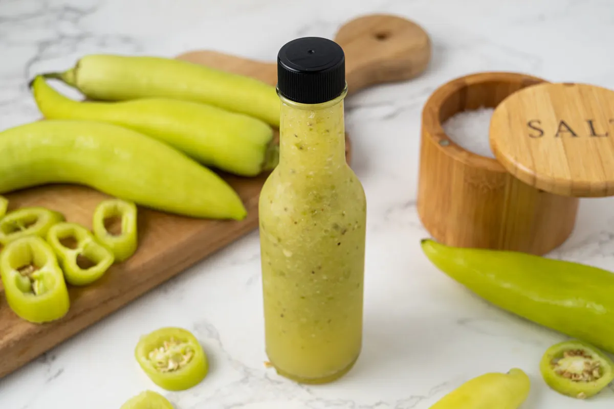 Banana pepper hot sauce bottle