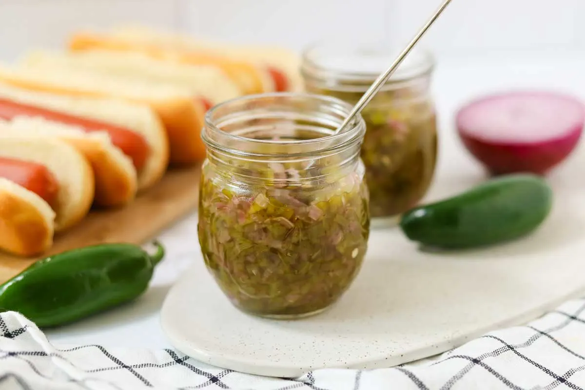 Hot dogs with sweet onion and capsicum relish