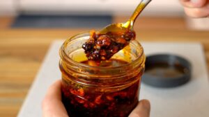 Spoonful of finished chili crisp