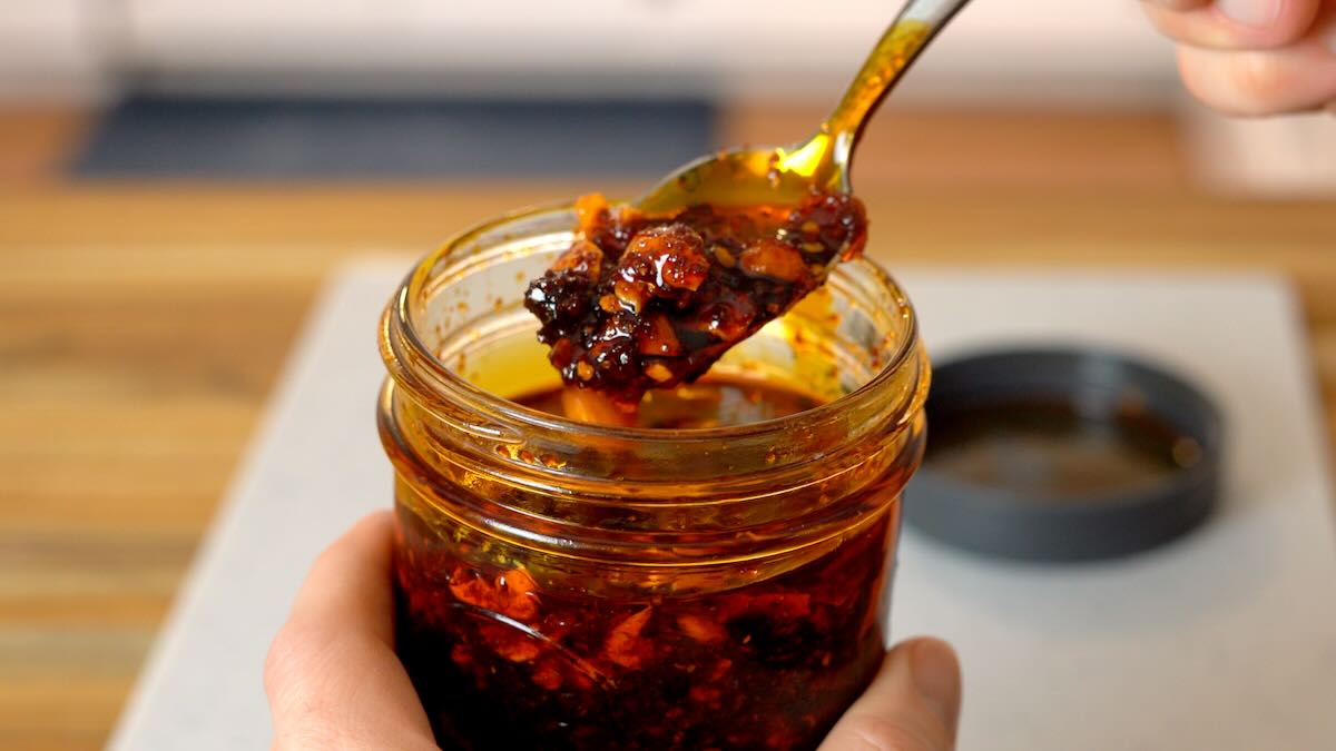 Spoonful of finished chili crisp