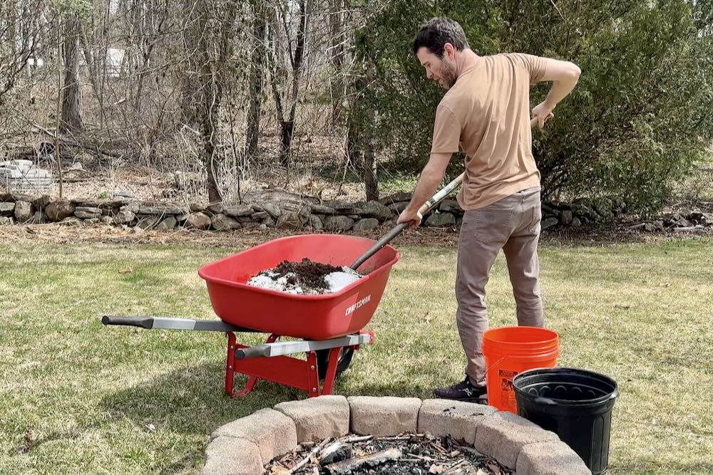 Calvin mixing potting soil