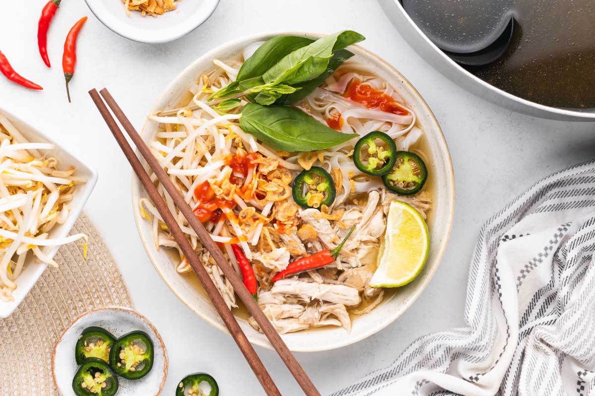 Overhead shot of homemade chicken pho