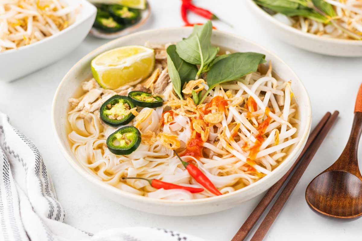 Homemade chicken pho in a bowl